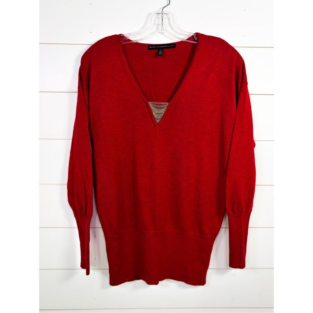 White House Black Market Women's V-Neck‎ Ball Chain Tunic Sweater Red Size Small